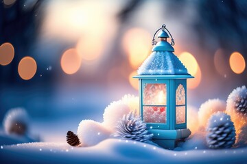 Poster - Christmas decoration with a lantern in the snow in a winter park with beautiful bokeh. AI generated.