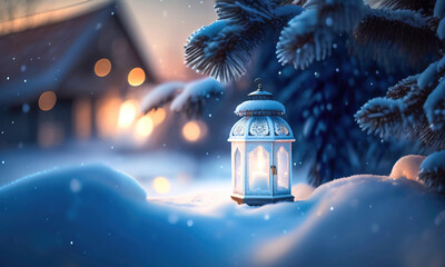 Poster - Christmas decoration with a lantern in the snow in a winter park with beautiful bokeh. AI generated.