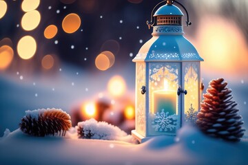 Poster - Christmas decoration with a lantern in the snow in a winter park with beautiful bokeh. AI generated.