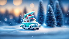 Christmas Decoration With A Toy Car Carrying A Christmas Tree And Gifts In The Snow In A Winter Park. AI Generated.