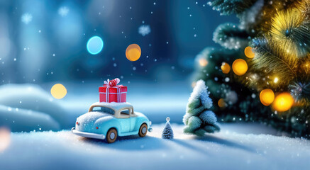 Poster - Christmas decoration with a toy car carrying a Christmas tree and gifts in the snow in a winter park. AI generated.