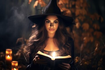 Wall Mural - Halloween Witch girl with magic Book of spells portrait. Beautiful young woman in witches hat conjuring, making witchcraft. Over spooky dark magic forest background.