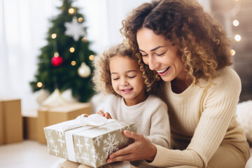 People, family, celebration and holidays concept. Mother and daughter sitting near decorated New Year tree and gift box