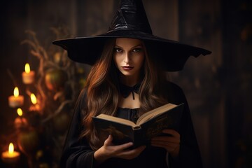 Halloween Witch girl with magic Book of spells portrait. Beautiful young woman in witches hat conjuring, making witchcraft. Over spooky dark magic forest background.