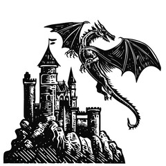 dragon flying over the castle illustration