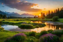  A Serene Meadow At Dawn, With A Gentle Stream Flowing Through It, Wildflowers Of Vibrant Colors Scattered In The Grass, A Family Of Deer Grazing Peacefully Nearby, Creating An Idyllic Scene Of Nature
