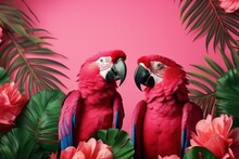 Two Bright Pink Parrots On The Branch With Tropical Leaves. AI Generated