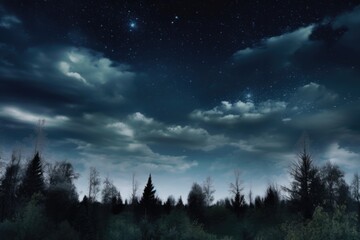 Starry Night: Nocturnal Cloudy Sky with Stars in Dark Azure & White | Serene Landscape & Transcendental Dreaming