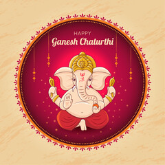 Wall Mural - Happy Ganesh Chaturthi Vector illustration. Artistic Indian Lord Ganesha Worship Festival graphic. Ornate mandala art design Poster. Social media post, greeting card, website, banner, invite promotion