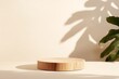 © Dream Big Studios - Wood slice podium with leaves  and window shadows on beige background for cosmetic product mockup, Generative AI