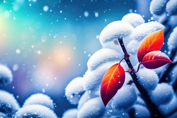 Poster - Beautiful colorful nature with bright orange leaves covered with frost in late autumn or early winter. Generated AI.
