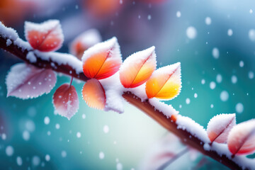 Poster - Beautiful colorful nature with bright orange leaves covered with frost in late autumn or early winter. Generated AI.