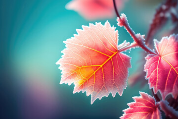 Aufkleber - Beautiful colorful nature with bright orange leaves covered with frost in late autumn or early winter. Generated AI.