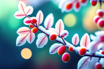 Poster - Beautiful colorful nature with bright orange leaves covered with frost in late autumn or early winter. Generated AI.