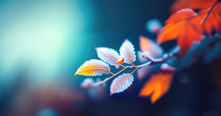 Poster - Beautiful colorful nature with bright orange leaves covered with frost in late autumn or early winter. Generated AI.