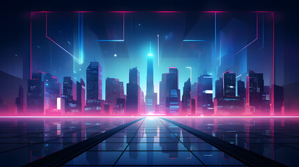 Wall Mural - Urban architecture illustration, cityscape with space and neon light effect.GenerativeAI.