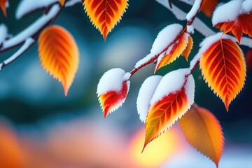 Poster - Beautiful colorful nature with bright orange leaves covered with frost in late autumn or early winter. Generated AI.