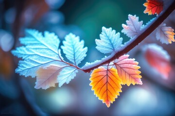 Aufkleber - Beautiful colorful nature with bright orange leaves covered with frost in late autumn or early winter. Generated AI.