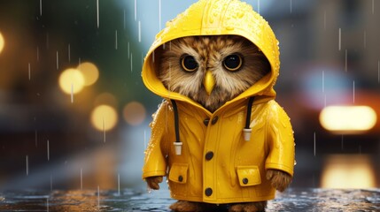 autumn rainy raining rain weather background texture - closeup of cute sweet owl with yellow raincoa