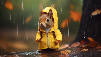 autumn rainy raining rain weather background texture - closeup of cute sweet red squirrel with yello
