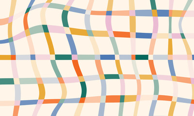 Groovy hippie abstract background. Rainbow colored striped geometric pattern. Retro 60s 70s abstract psychedelic design. Curve crossed lines grid. Wavy plaid backdrop in childish doodle style