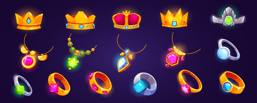 Fantasy medieval ring, amulet, crown icon game ui vector set. Gold royal jewel inventory asset for wizard skill or achievement treasure with gem element. Ancient shiny magic jewelry pendant design