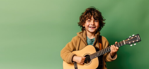 Joyful child playing guitar isolated on flat green background with copy space. Creative banner for children's music school.