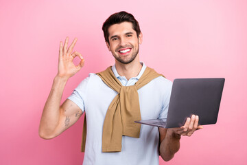 Aufkleber - Photo of successful promoter brunet guy enjoy studying remote use netbook show okey sign online academy isolated on pink color background