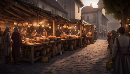 At a medieval market, men in historical garbs offering vegetables, fruits, herbs. Amazing fantasy world of the Middle Ages. Digital illustration. CG Artwork Background