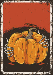 Wall Mural - Halloween background for poster with pumpkin and skeleton hand. Fear, horror and spooky symbol for design dark party of happy halloween