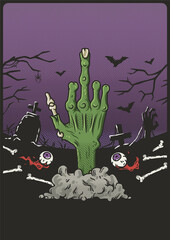 Wall Mural - Halloween party poster with zombie hand, eye and cemetery. October autumn scary banner