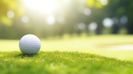 close up golf ball on grass background, copy space for text and illustration for product presentatio