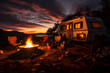 Cozy warm evening near travel trailer at sunset, family camping on caravan, rest at nature