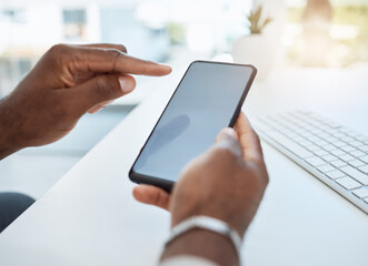 Canvas Print - Business, hands and mockup with a smartphone, screen and typing with network, connection and email. Closeup, cellphone and mobile app with internet search, online banking and chatting with a contact