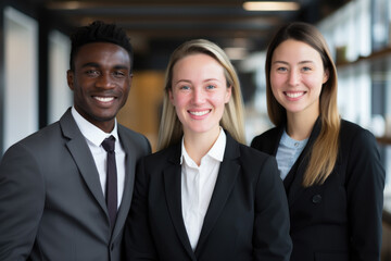 Smiling business consultants standing in office, multi ethnicity