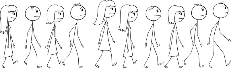 Wall Mural - Group or Crowd of People Walking Together, vector cartoon stick figure or character illustration.