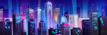 Night Neon Skyscraper Building Cityscape Vector Background. Future Urban Skyline Landscape View Cartoon Design Illustration. Abstract Dark Purple New York Metropolis Architecture Panorama Backdrop.