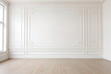 White Empty Room Mock-up With Brown Curtain, White Door And Wood Floor. 3D Illustration | Modern Living Room Interior With Blank Space And Empty Wall, Generative AI
