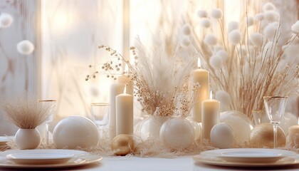 Wall Mural - Gold christmas balls, white baubles with dry grass, festive table decoration of Xmas celebration, golden loving setting. Smooth light, some bokeh. Luxury romantic card for seasonal greetings.