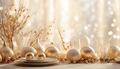 Gold christmas balls, white baubles with dry grass, festive table decoration of Xmas celebration, golden loving setting. Smooth light, some bokeh. Luxury romantic card for seasonal greetings.