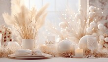 Gold Christmas Balls, White Baubles With Dry Grass, Festive Table Decoration Of Xmas Celebration, Golden Loving Setting. Smooth Light, Some Bokeh. Luxury Romantic Card For Seasonal Greetings.