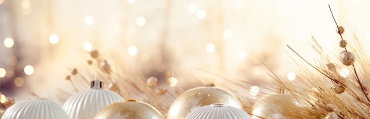 Wall Mural - Gold christmas balls, white baubles with dry grass, festive table decoration of Xmas celebration, golden loving setting. Smooth light, some bokeh. Luxury romantic card for seasonal greetings.