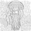 Adult colouring page with a jellyfish. Outline intricate underwater design.