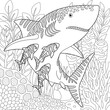 Adult colouring page with a shark and fishes. Outline intricate underwater design.