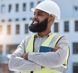 Canvas Print - Outdoor, engineer and black man with arms crossed, thinking and planning with problem solving, helmet and inspection. Engineering, manager or architect with ideas, development or project management