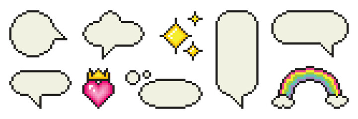 Fototapete - Set of pixel art dialogue box, heart, star, rainbow. Speech bubbles in the mood of 90's aesthetics. Vector 8-bit retro style illustration. 