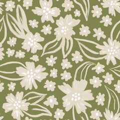 Hand drawn seamless pattern with muted pastel daisy flowers, neutral beige sage green floral design. Boho bohemian trendy loose nature blossom bloom leaves, victorian retro garden print, retro.