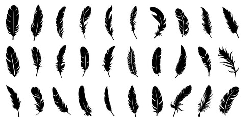 feather icons. set of black feather icons isolated. feather silhouettes.