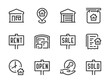 Real Estate and Property vector line icons. Building and Apartment ownership outline icon set. Rent, Location, Storage, Agreement, Key Handover, Sale Announcement, House and more.