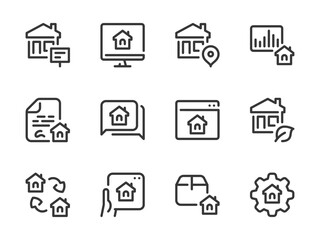 Poster - Real Estate and Property vector line icons. Building and Apartment ownership outline icon set. Online Agency, Contract, Report, Flipping, House Market Research and more.